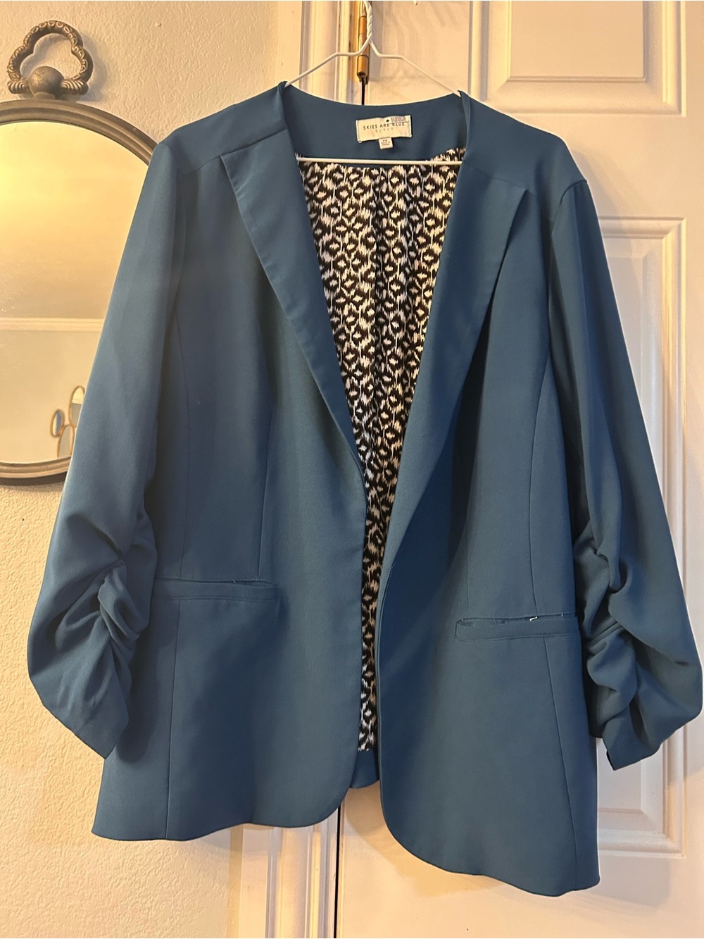 Skies Are Blue Teal Open-Front Blazer with Ruched Sleeves